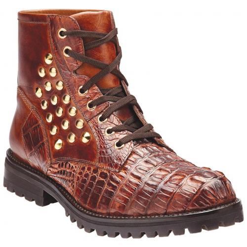 Belvedere "Rovigo" Brandy / Antique Genuine Hornback Crocodile And Italian Calfskin Leather Ankle Boots 3501
